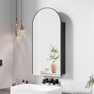 Arched Medicine Cabinet with Mirror, Arched Mirror Cabinet | Black Metal Edge,Medicine Cabinet Surface Mount