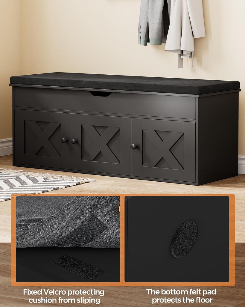 Shoe Storage Bench with Lift Top & 3 Barn Doors, Entryway Bench with Removable Cushion, Adjustable Shelf, Hidden