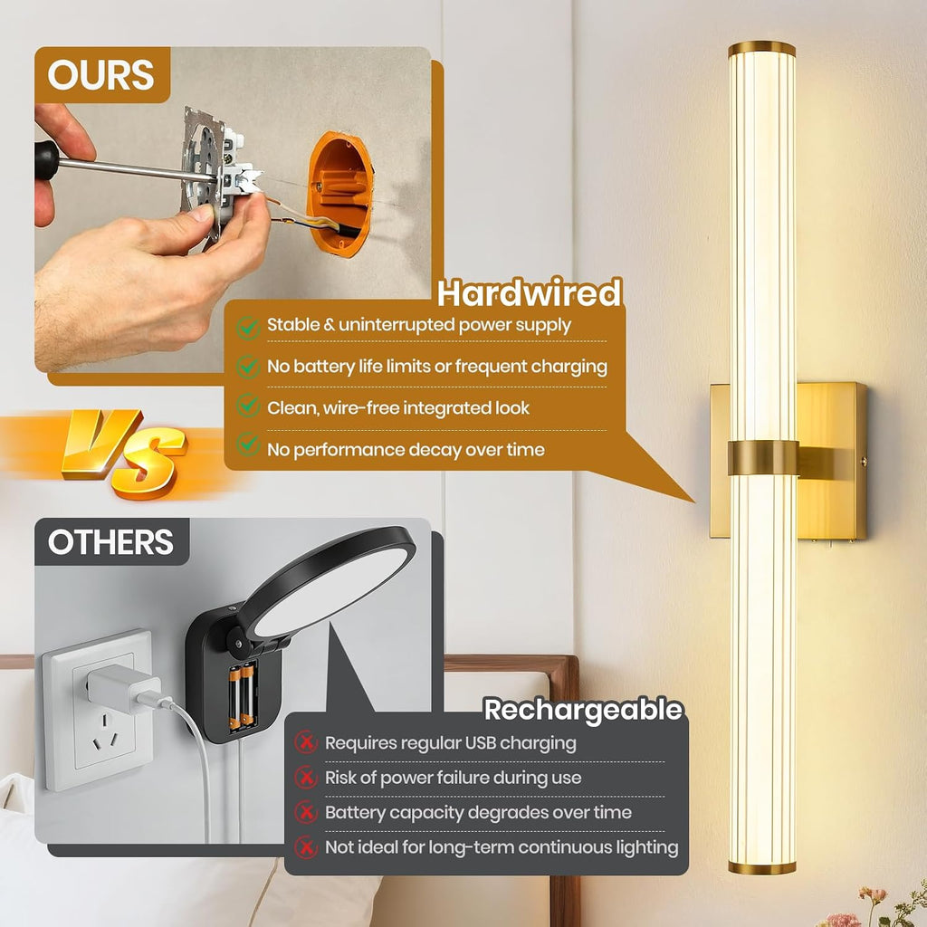 Modern Gold LED Wall Sconce with 3 Color Temperatures, Slim Vertical Linear Wall Light for Bedroom Bedside Living