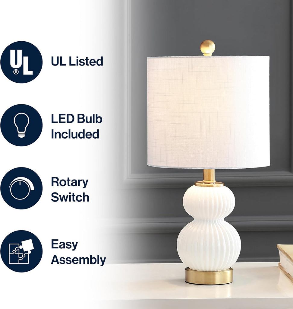 20" White/Brass Gold Ribbed Gourd Glass Table Lamp, Modern Bedside Lamp Living Room, White Linen Drum Shade