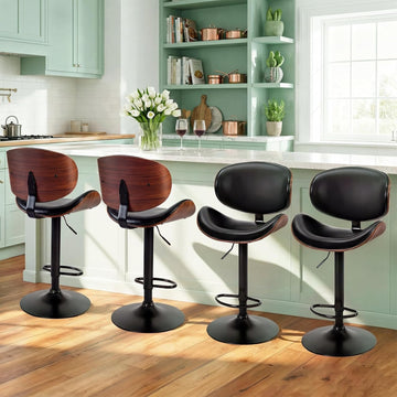 Swivel Bar Stools Set of 4, Adjustable Counter Height 24.6"-33.3" Bentwood BarStools, PU Leather Upholstery Bar Chair