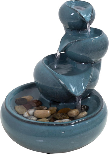 Tiered Vessels Ceramic Tabletop Water Fountain - Relaxing Indoor Fountain - Teal
