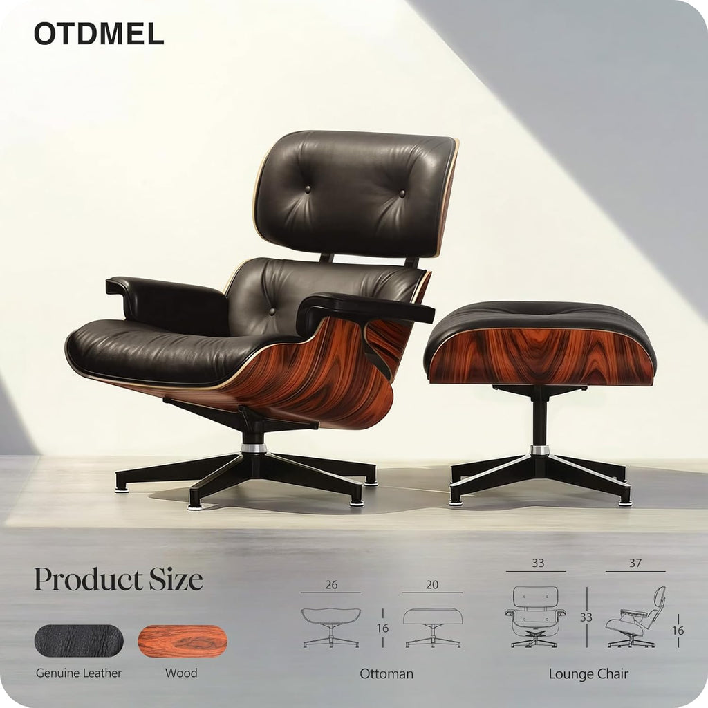 Mid-Century Modern Lounge Chair & Ottoman — Black Top-Grain Leather, Rosewood Base, Extended Chaise