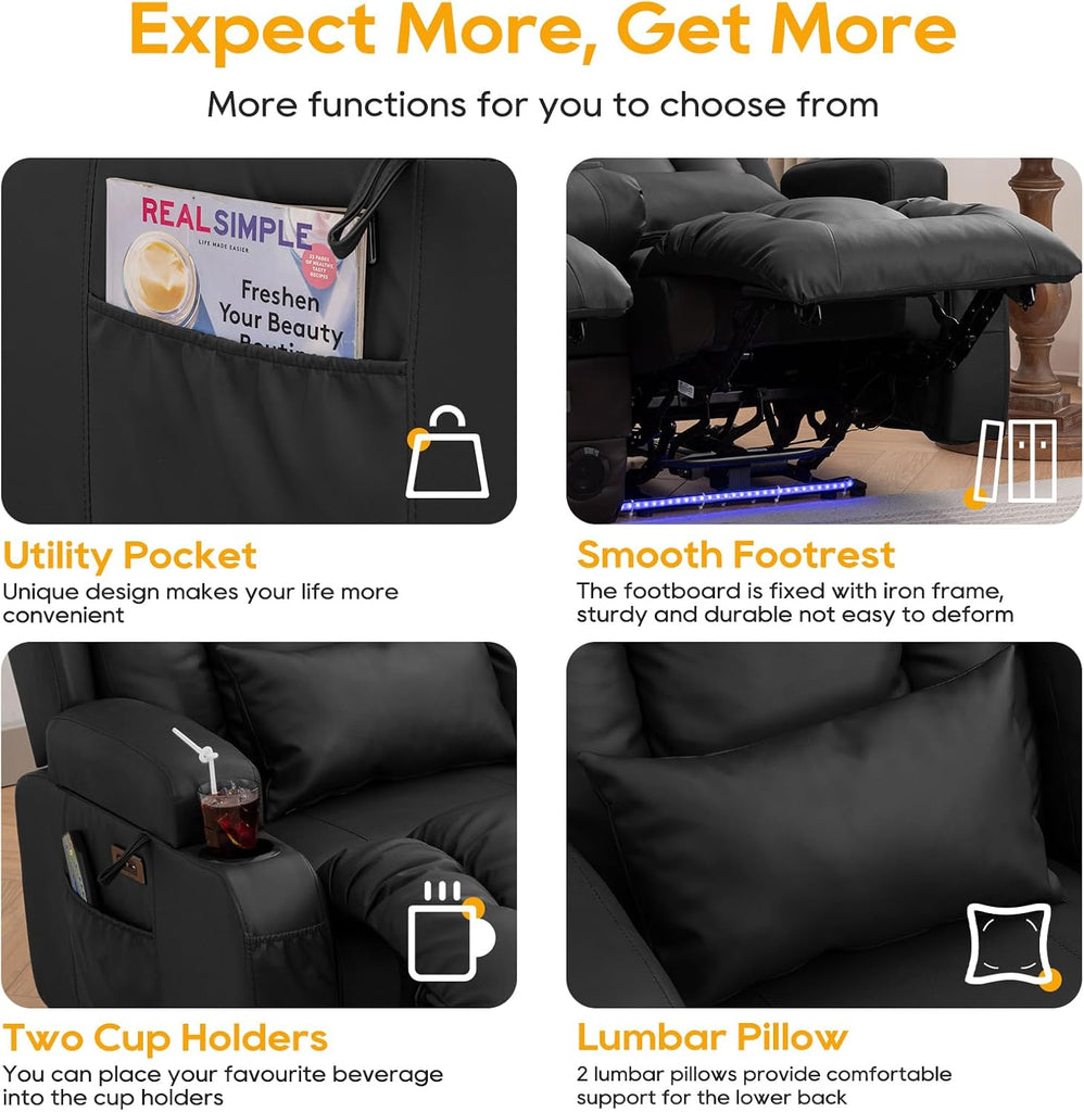 54" Power Loveseat Recliner Sofa, Electric Home Theater Seating with Massage Heat/4 Colors Ambient Lights/USB