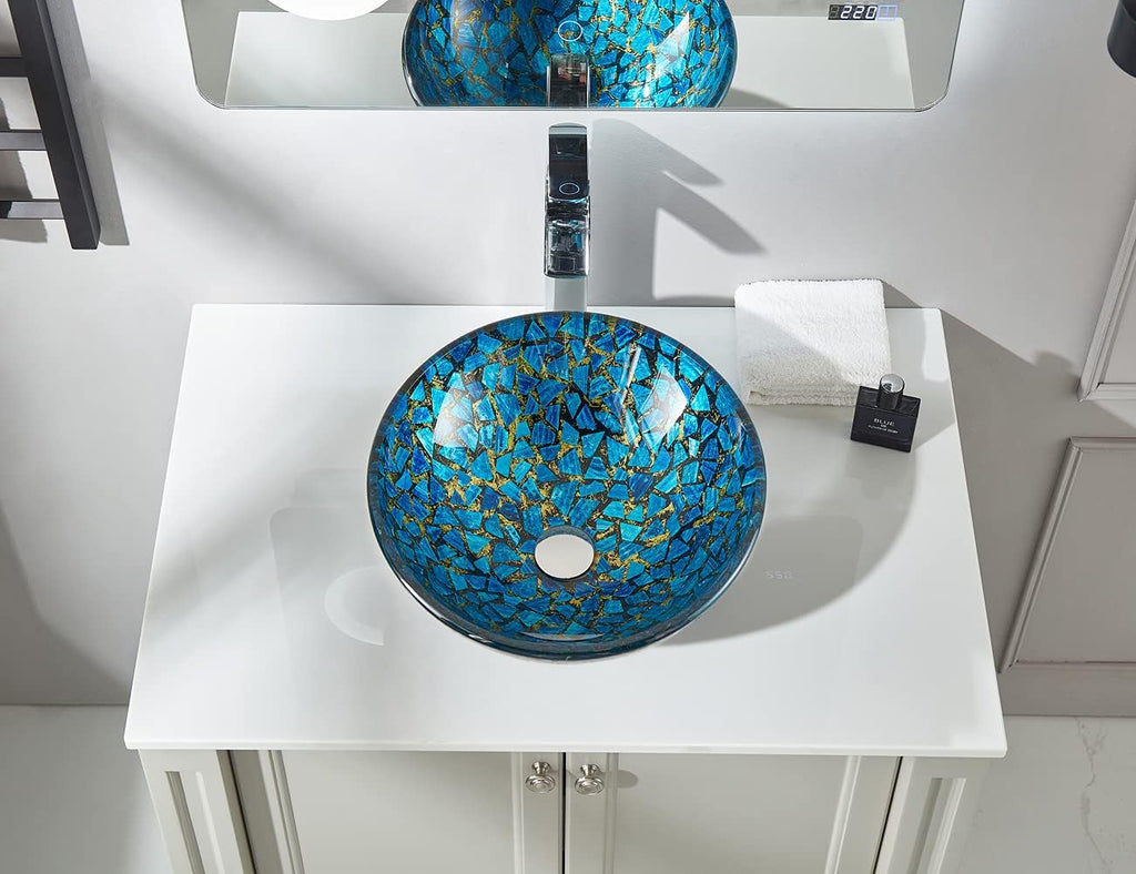 Hyacin Series Round Tempered Mosaic Deco Glass Vessel Bathroom Sink in Starry Blue | Top Mount Sinks Above Countertop