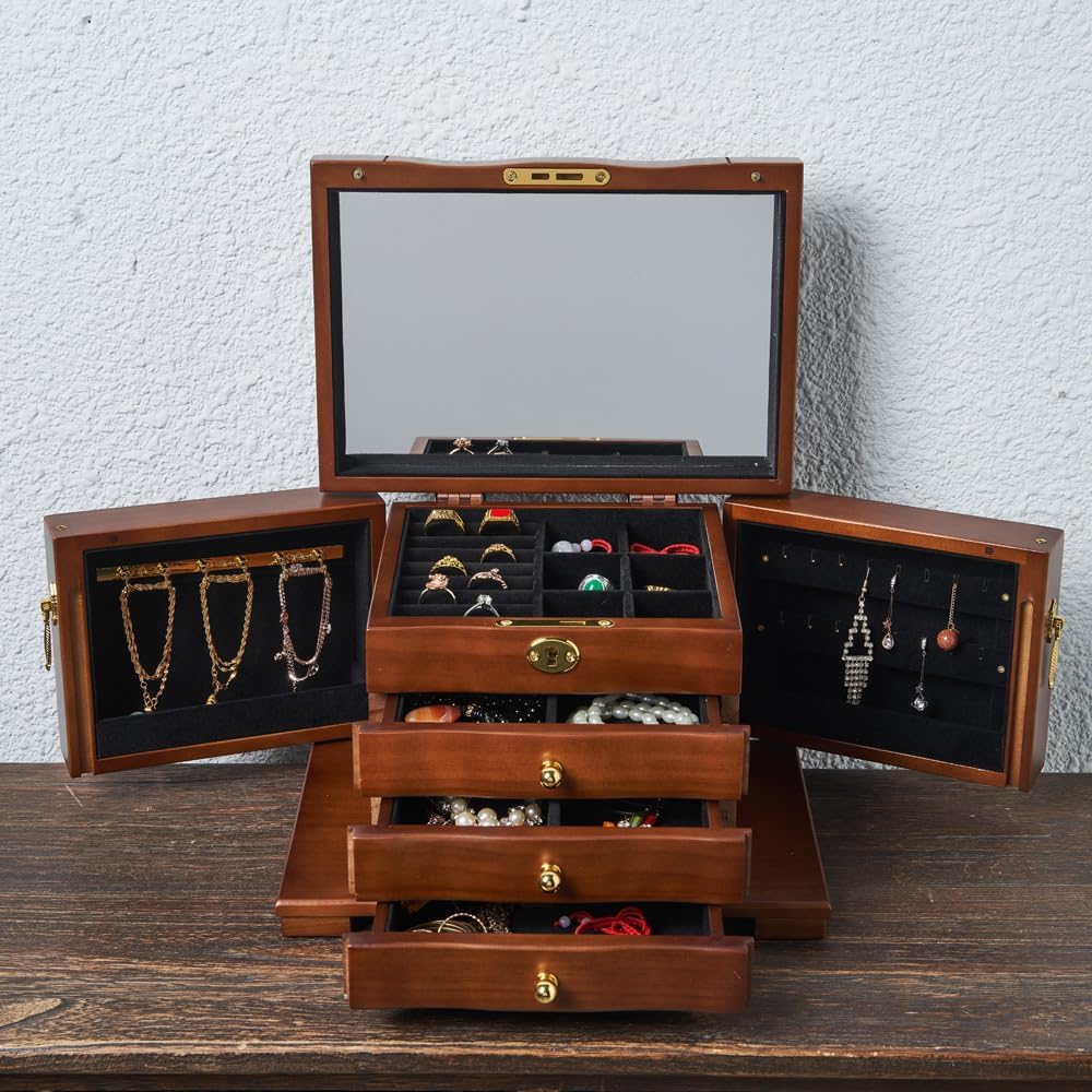 Wooden Jewelry Box for Women, Solid Wood Jewelry Organizer with Mirror and 3-Drawer, Ring,Necklacel,Vintage Style