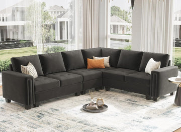 Grey Velvet L-Shape Sectional Sofa with Reversible Chaise, 107.8'L x 84.2'W x 35.8'H, Modular, Modern, Sofa Couch , 5