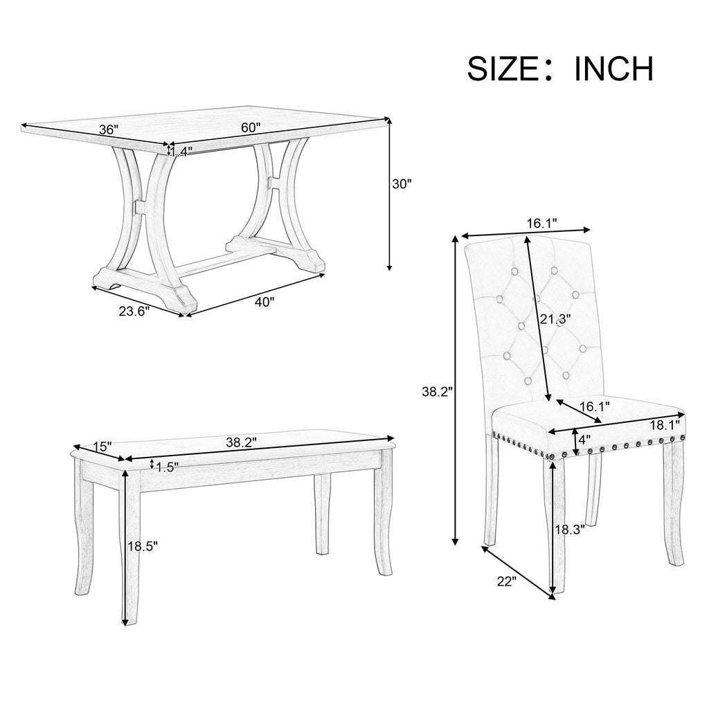 6-Piece Kitchen Dining Table Set, Farmhouse Dining Table Set with Rectangular Table and 4 Upholstered Chairs & Bench