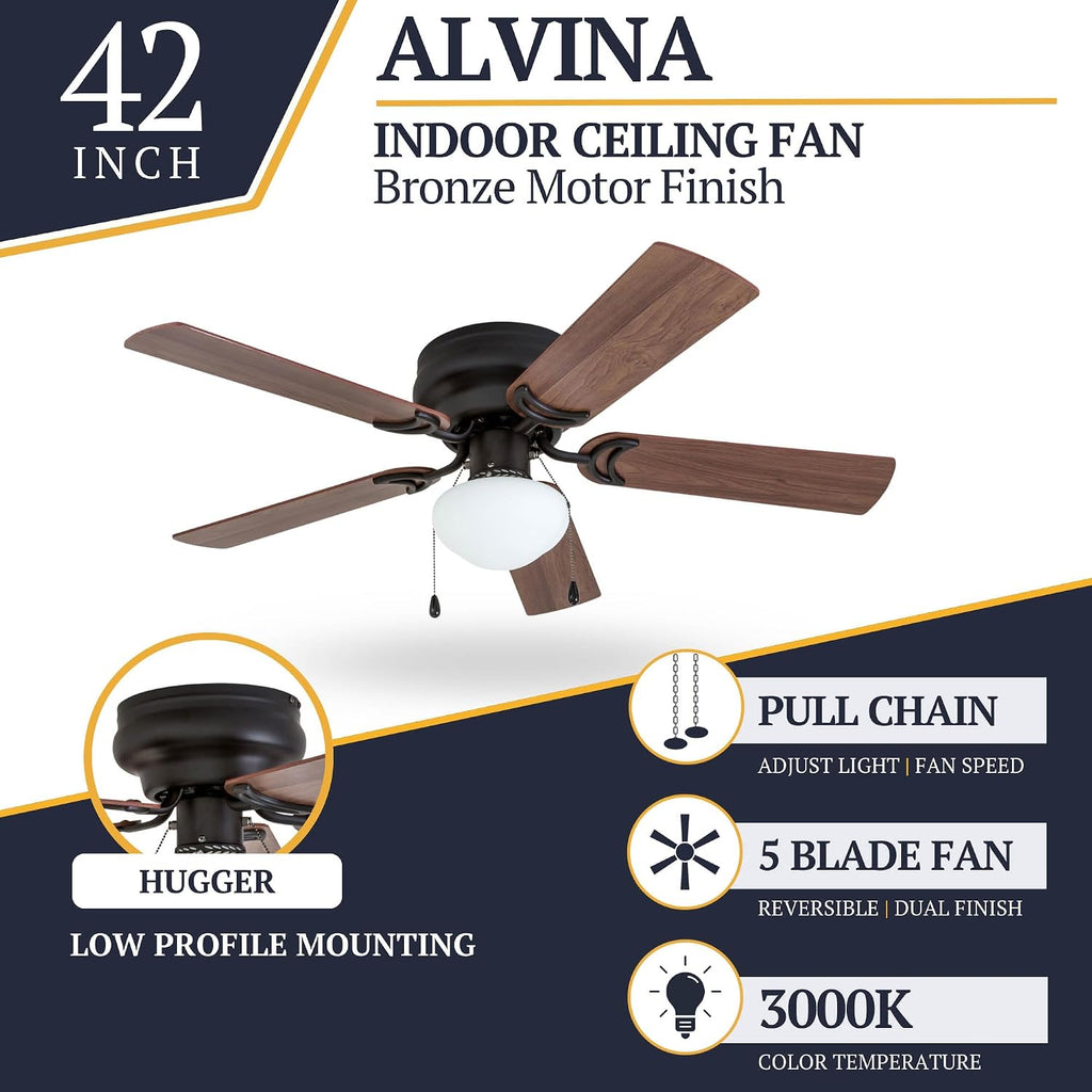 Alvina Traditional 42 Inch Ceiling Fan with Light, LED Flush Mount Ceiling Fan, Indoor Fan with 5 Blades