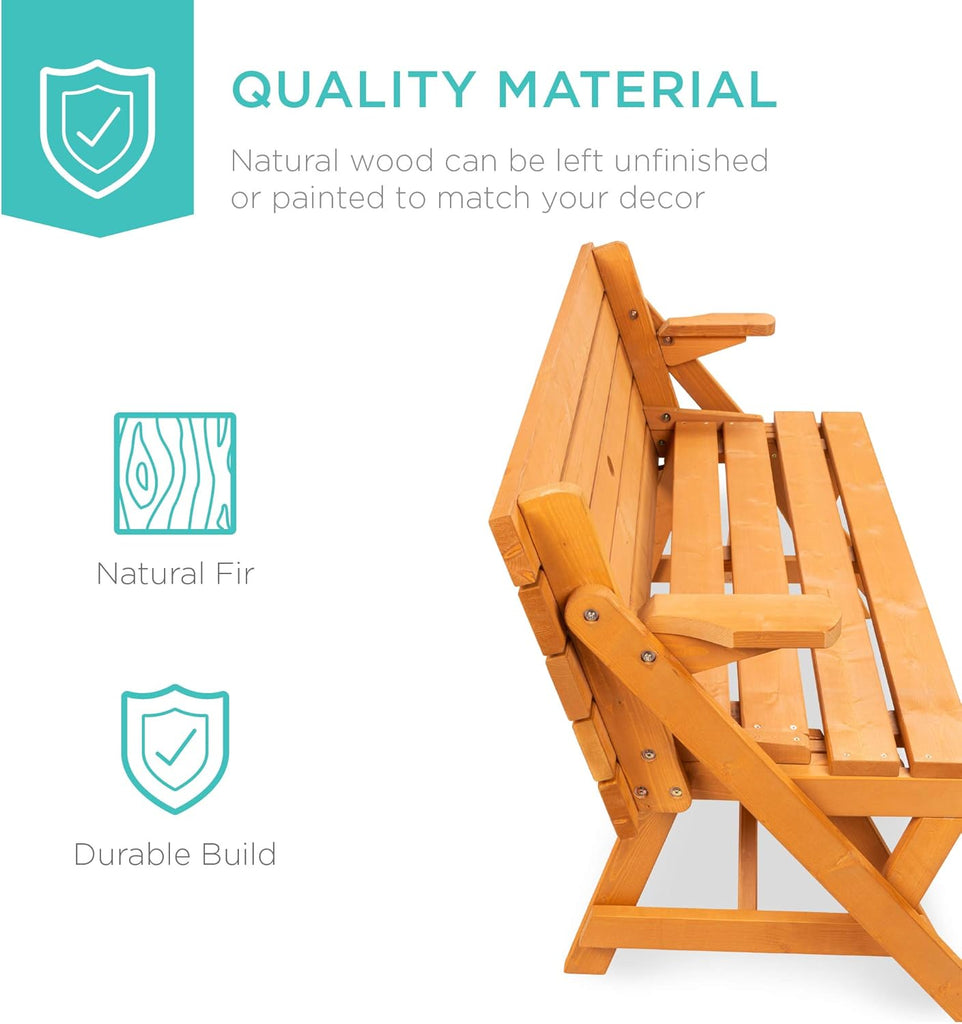 2-in-1 Transforming Interchangeable Outdoor Wooden Picnic Table Garden Bench for Backyard, Porch, Patio, Deck