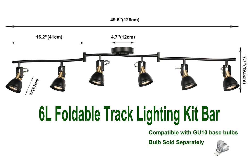 6 Light Foldable Track Lighting Kit,Matt Black Brass Finish Adjustable with Moden Ceiling Flush Mount Spotlight
