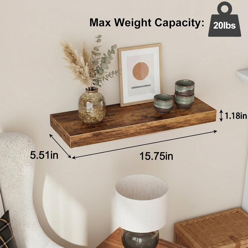 Floating Shelves for Wall Decor (Rustic Brown, Set of 4, 15.7 Inch) | MDF Shelves with Metal Brackets, Space Saving