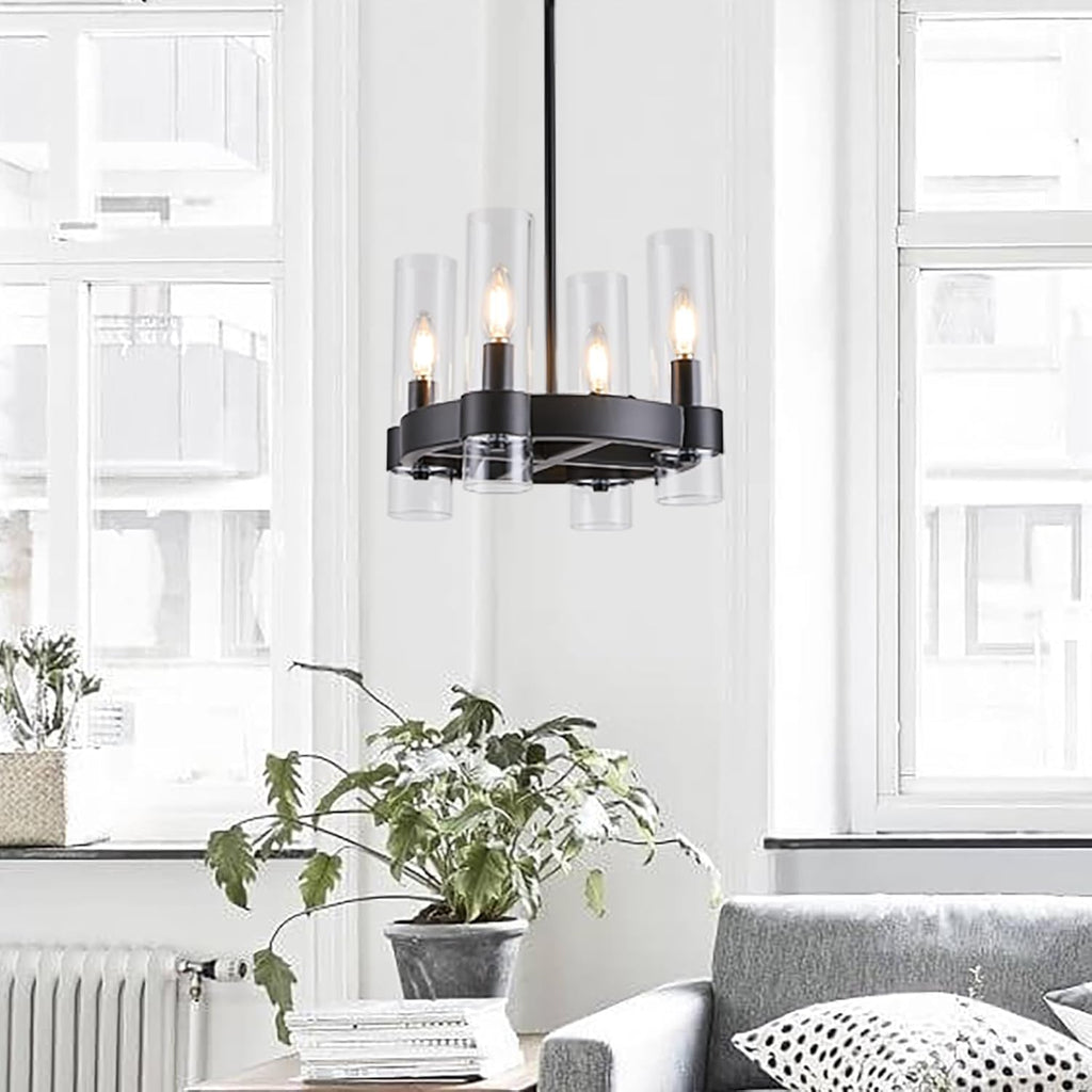 Small Farmhouse 4-Light Black Wagon Wheel Chandelier with Round Glass Shades 12 Inch Industrial Ceiling Light Fixture for Kitchen Island, Hallway, Small Bedroom A115-B0DPMT75S7