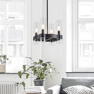 Inspired Ravelle Style Small Farmhouse 4-Light Black Wagon Wheel Chandelier with Round Glass Shades 12 Inch Industrial Ceiling Light Fixture for Kitchen Island, Hallway, Small Bedroom