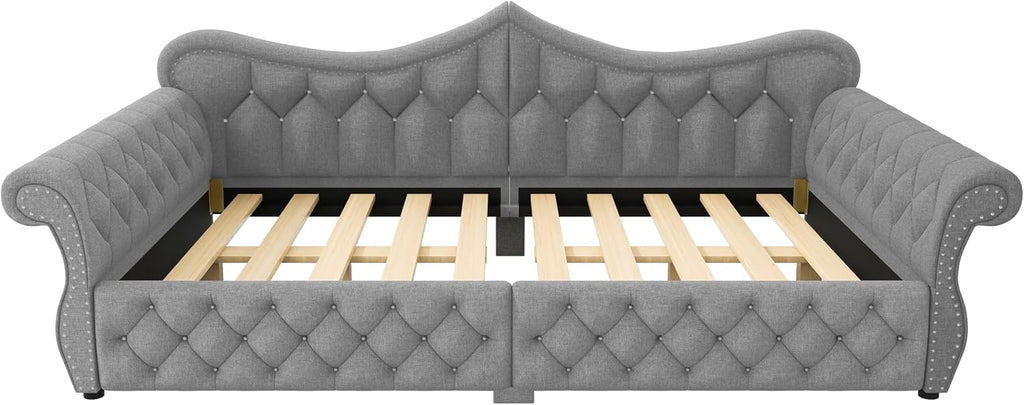 Queen Size Upholstered Daybed with LED Lights, Convertible Sofa Bed with Nailhead Trim, Tufted Design, Wooden Frame