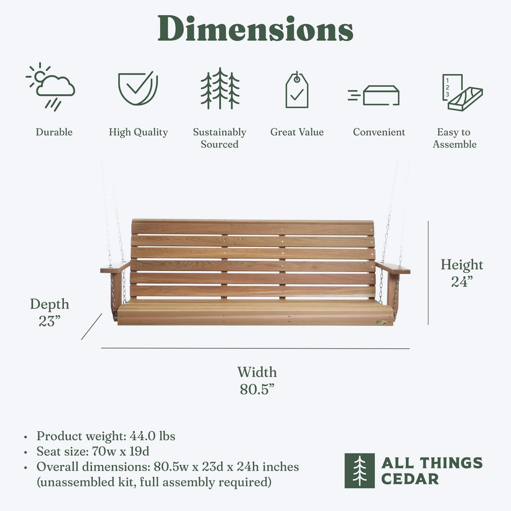 Porch Swing, Solid Wood Frame, Natural, 6 Ft
