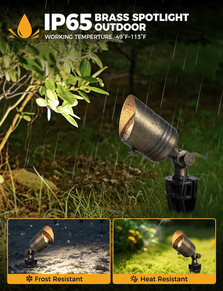 Brass Outdoor Spotlights,12V LED Low Voltage Landscape Lighting with 5W 2700K Aluminum MR16 Bulb, IP65 Waterproof