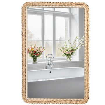 Large Wall Mirror, Wood Frame with Braided Seagrass and Wooden Bead
