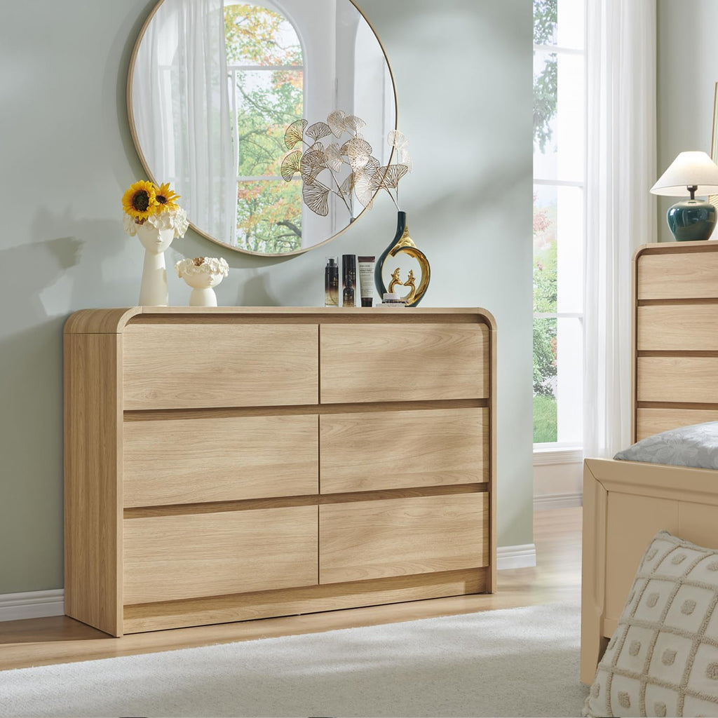 Modern 6 Drawers Dresser , 47" Wide Wood Dressers & Chests of Drawers w/Curved Profile Design, Mid Century Modern
