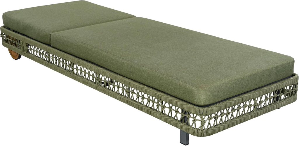Woven Rope Chaise Lounge Chair Outdoor with Steel Frame, Patio Outdoor Chaise Lounge with Wheels and Cushions