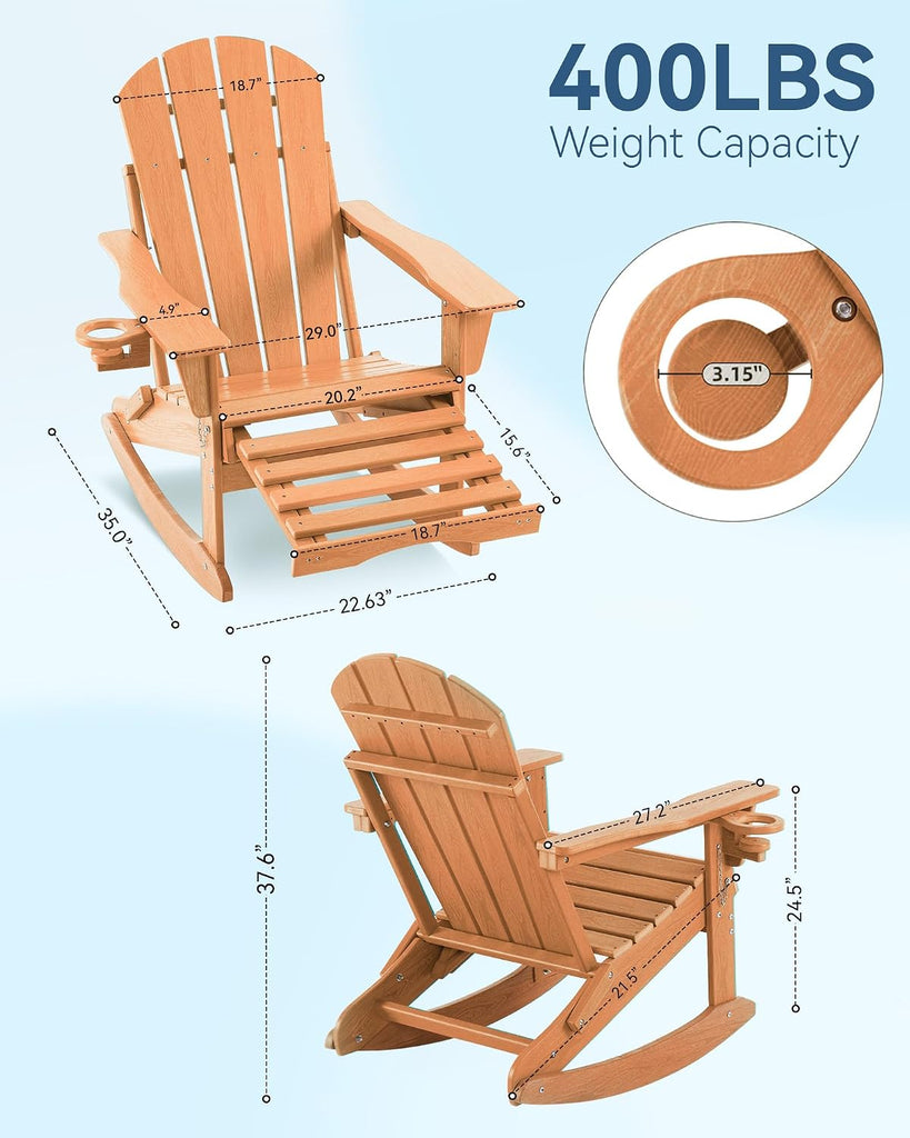 Adjustable Adirondack Rocking Chair with Retractable Ottoman, 4-in-1 Multifunctional Folding Patio Chair with Cup