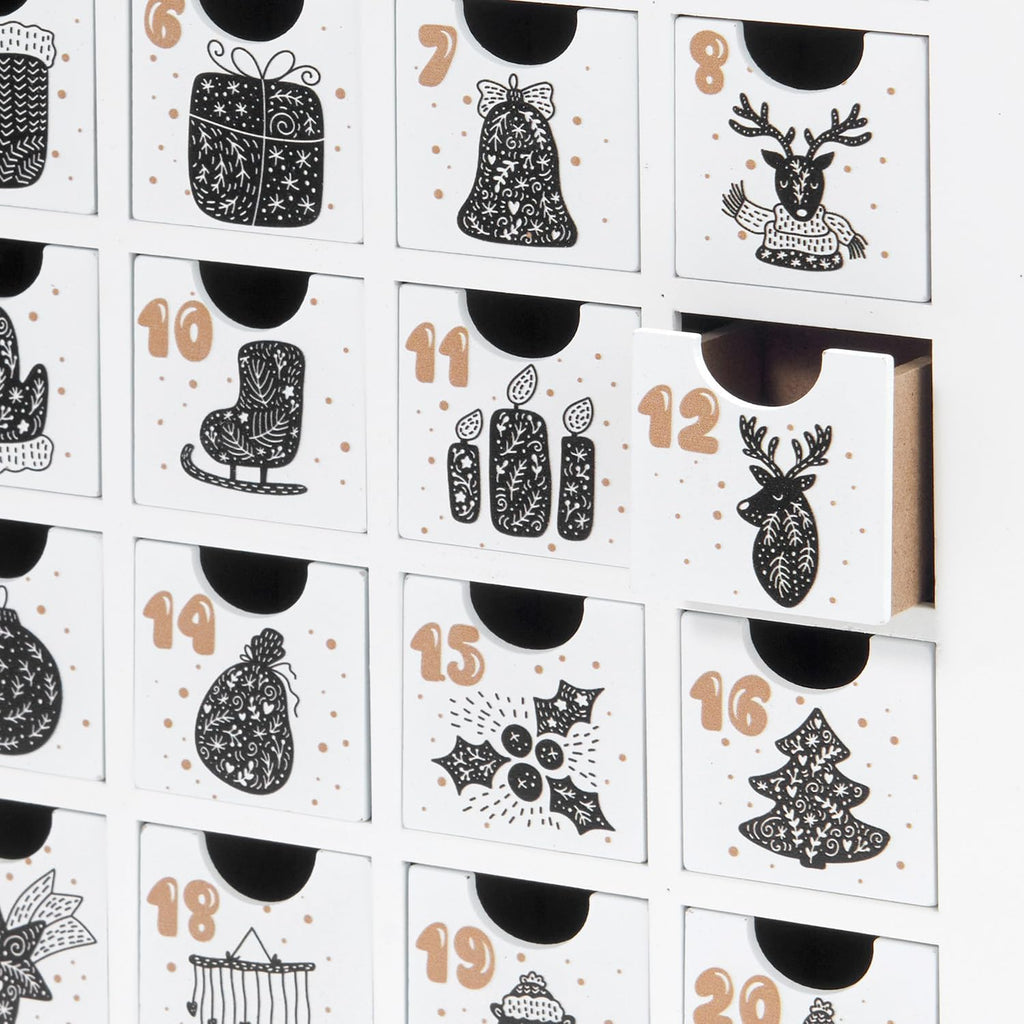 Wooden Advent Calendar with Drawers & Lights, 12 Inch White