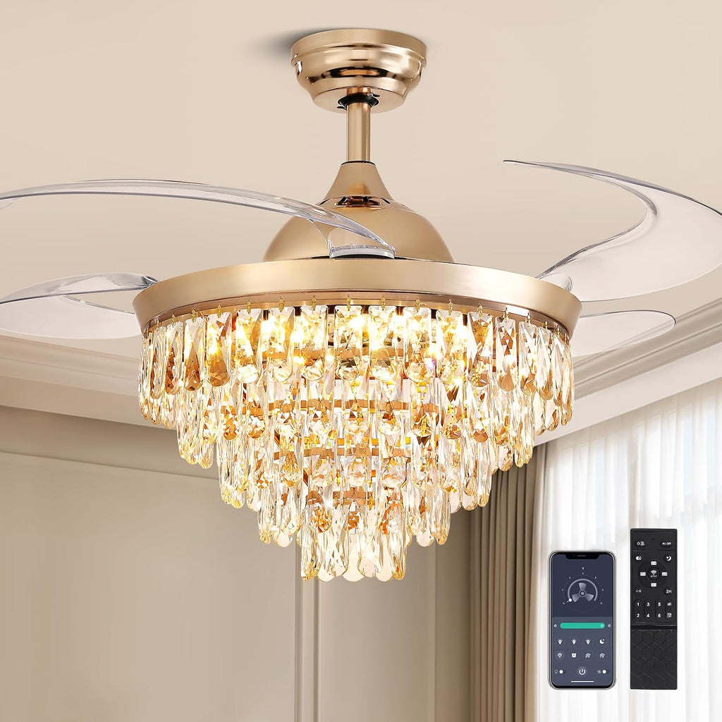 48" Crystal Ceiling Fans with Lights and Remote, Dimmable, 6 Speeds, Luxury Chandelier Fan Rose Gold Crystal Fandelier