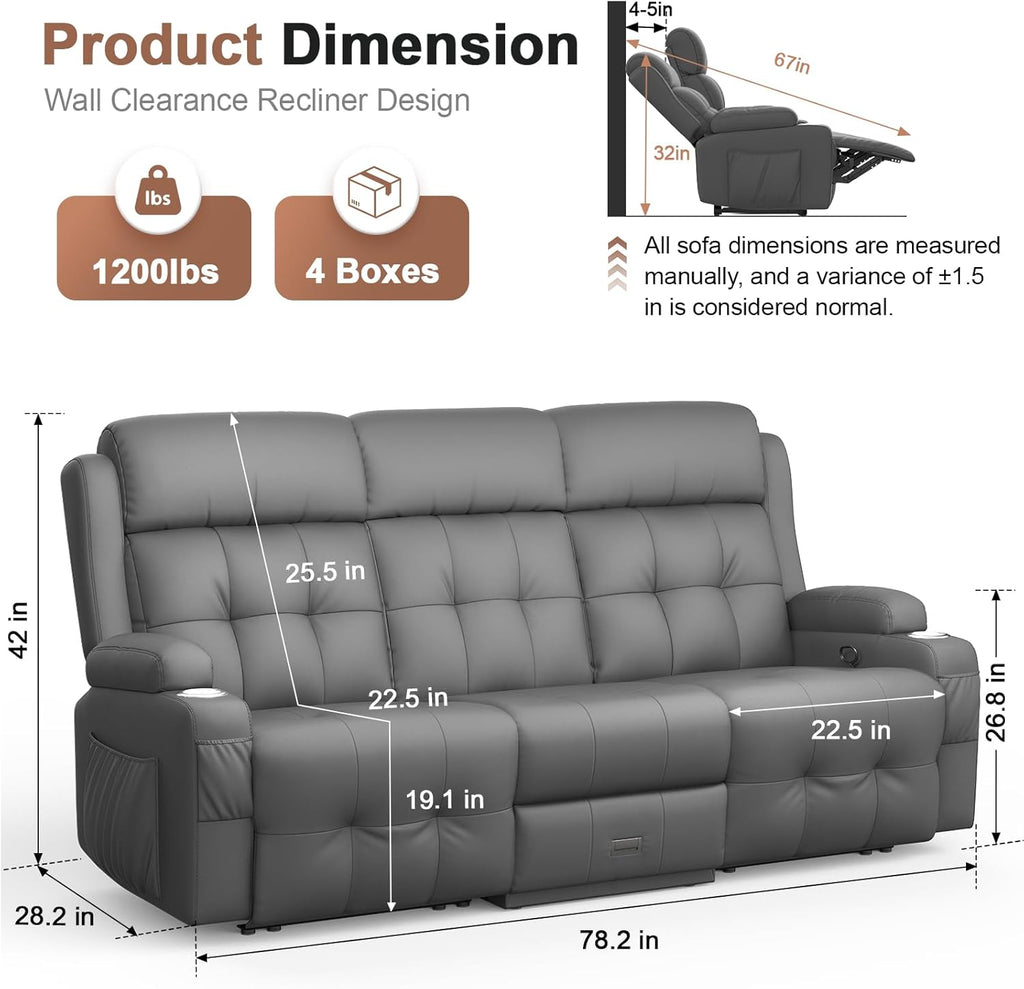 Recliner Sofa, 78.2" PU Leather Reclining Couch Loveseat with Flip Middle Backrest & Drawers