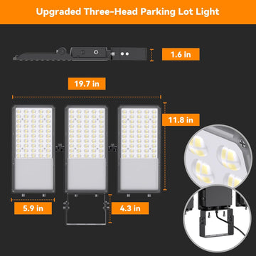 300W Upgraded LED Parking Lot Light with Photocell 45000lm 5000K, ETL, IP66 Waterproof Adjustable 3-Head Commercial