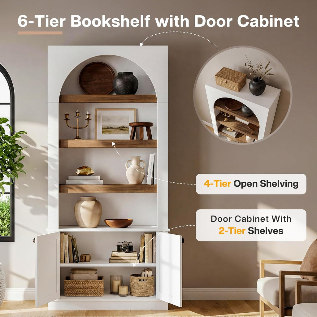 71'' Tall White Bookcase, 6-Tier Modern Arched Bookshelf with Doors