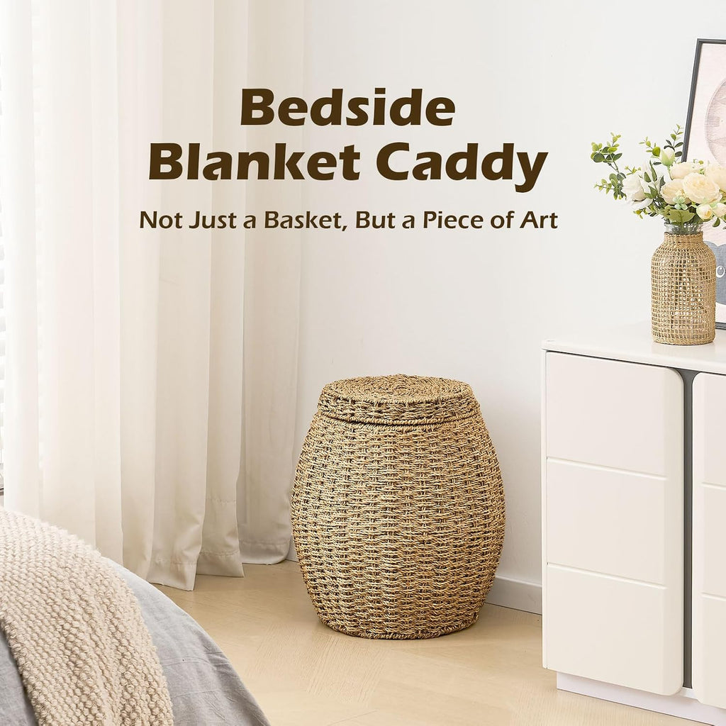 Round Wicker Basket with Lid, Handwoven Seagrass Storage Basket, Blanket Organizer Basket for Laundry, Bathroom