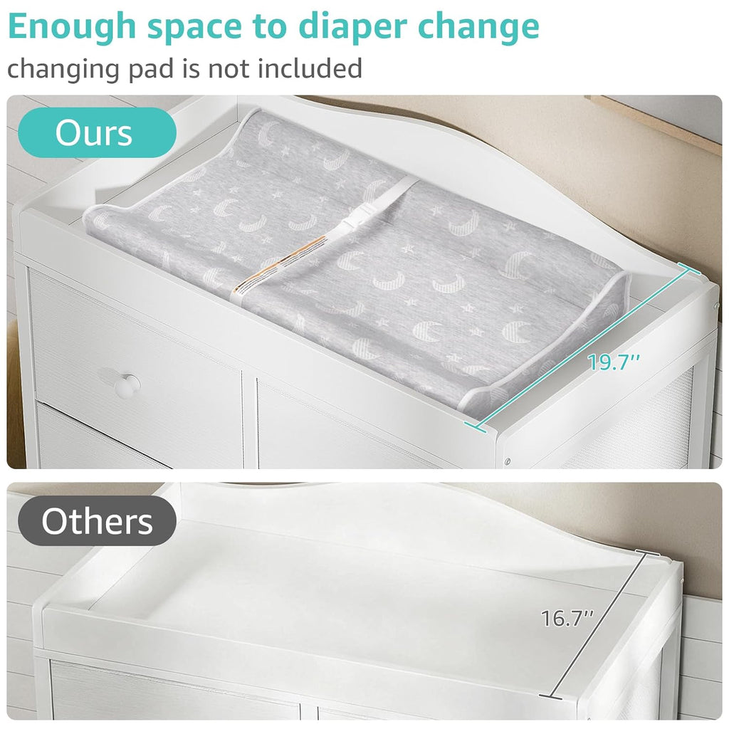 White Changing Table Dresser with 6 Drawers Baby Dresser with Changing Table Top Diaper Changing Station with Storage