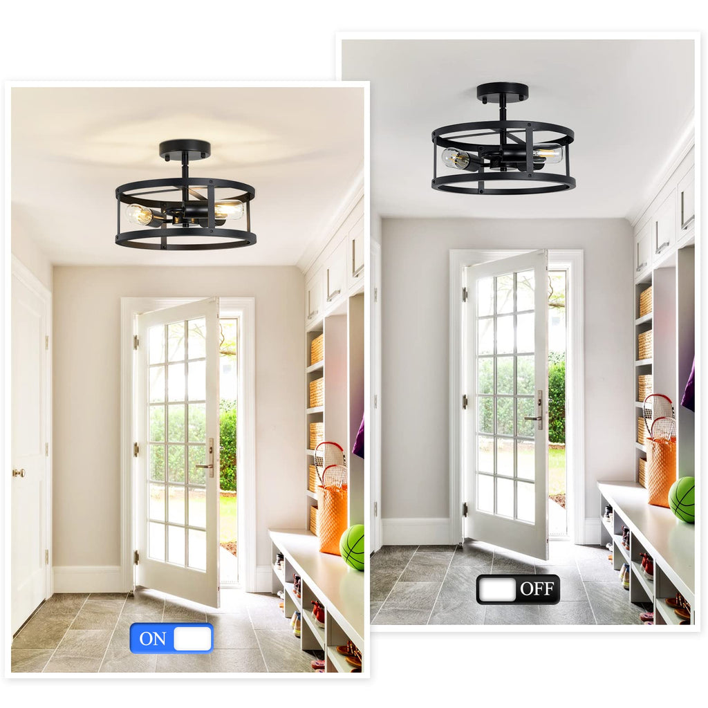 Semi Ceiling Light Fixture, 3-Light Black Flush Mount Ceiling Light, 13 Inch Hallway Light fixtures Ceiling, Light