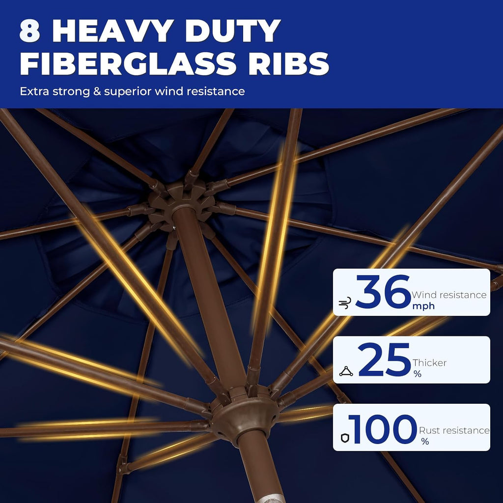 9FT-Patio-Umbrella w/Push Button Tilt & Crank | Navy Blue | Outdoor Table Umbrellas w/ 8 Fiberglass Ribs | Large Market