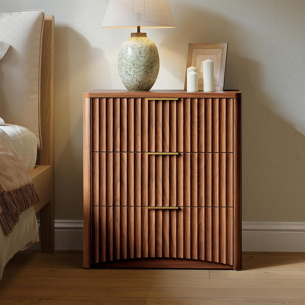 Fluted Nightstand, Walnut Bedside Table with 3 Drawers, Wood End Table with Storage Mid Century Modern, Large Night