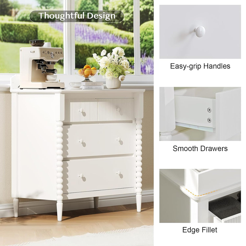 White Nursery Dresser with Changing Table, 4 Drawers for Storage | Jenny Lind Spindle Style Dresser and Removable
