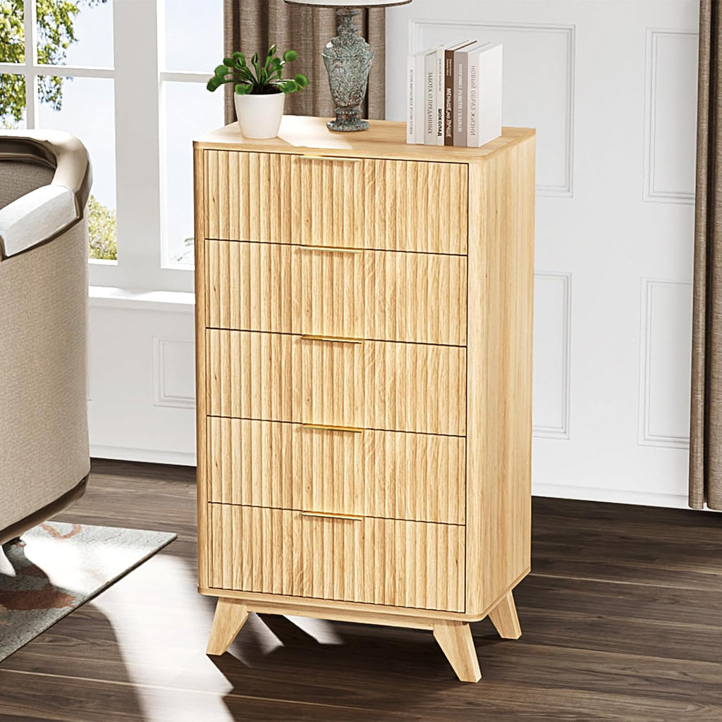 Fluted Tall Dresser 5 Drawer, 23.66" W Chest of Drawers, Oak Wood Dresser Mid Century Modern with Rounded Edge