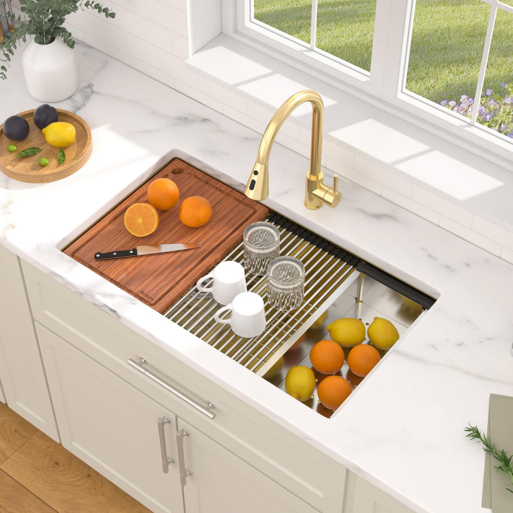 33"x19" Gold Undermount Double Bowl Workstation Kitchen Sink