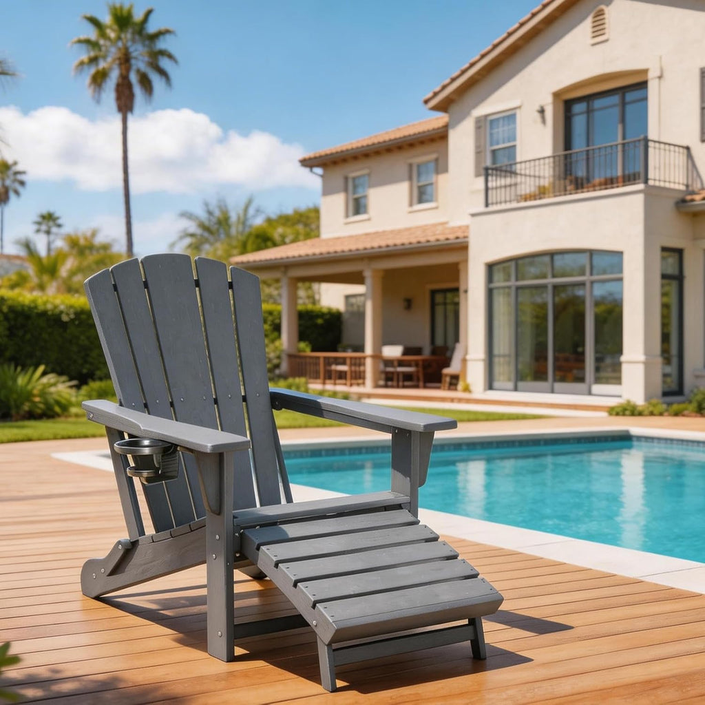 Folding Adirondack Chair with Retractable Ottoman,HDPE Outdoor Adirondack Chair with Cup Holder,All-Weather Lounge
