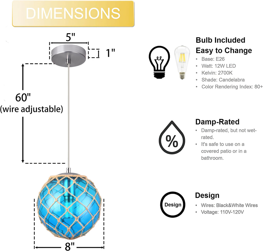 Blue Pendant Light Coastal Pendant Light Nautical Pendant Lighting Beach House Lighting Fixtures Ocean Lighting