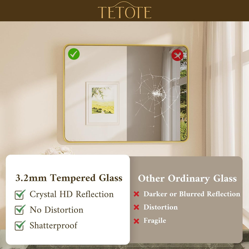40 x 30 Inch Gold Bathroom Mirror, Brushed Brass Metal Frame Mirror for Vanity, Rectangle Wall Mounted Golden Modern
