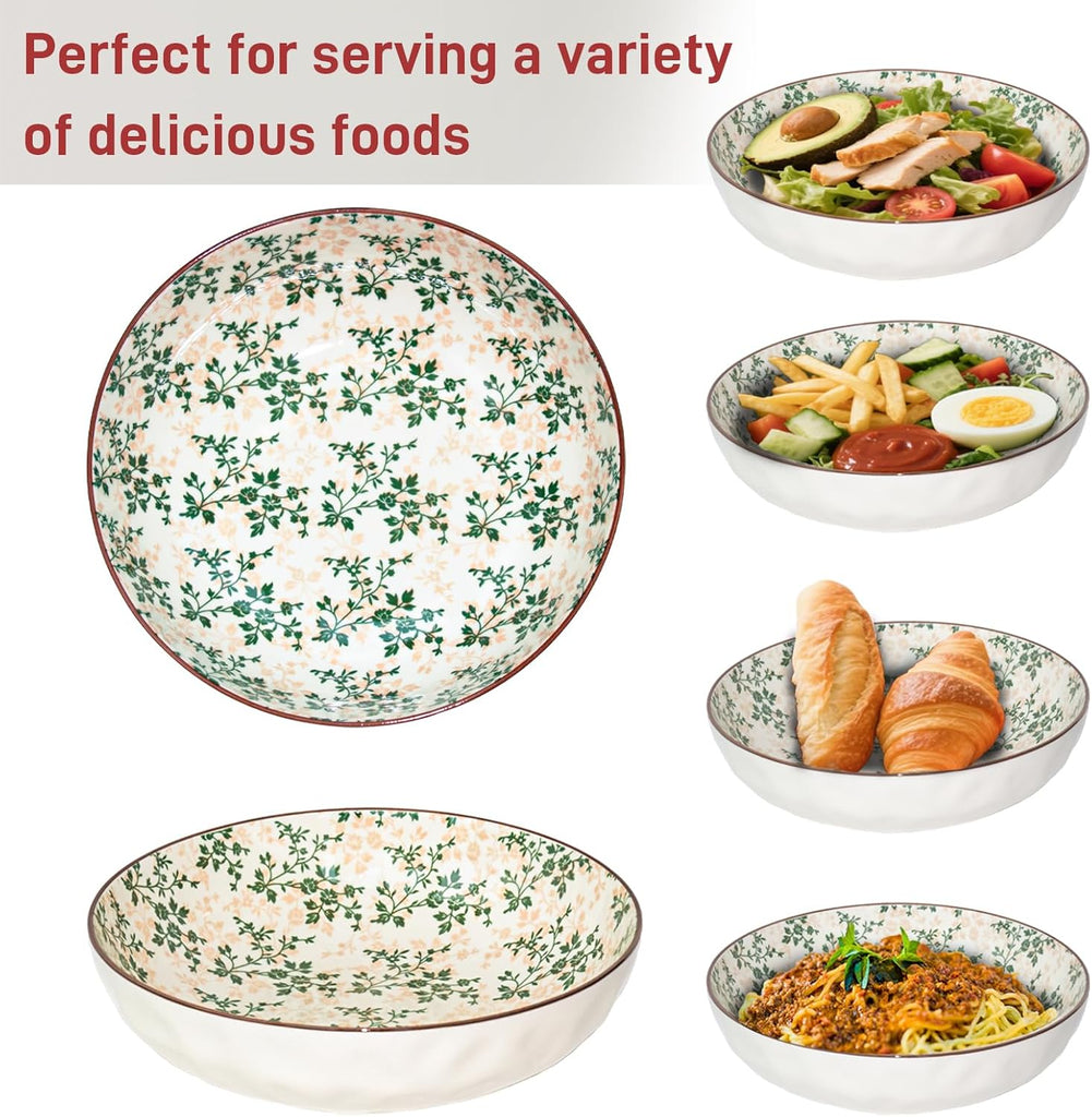 Large Serving Bowls, 78Oz Extra Large Salad Bowls Set of 2, Green Floral Pattern Design Decorative Bowls for Salad