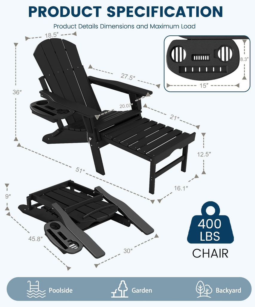 Folding Adjustable Adirondack Chair with Ottoman Set of 2 | HDPE Adirondack Chairs w/4 in 1 Cup Holder