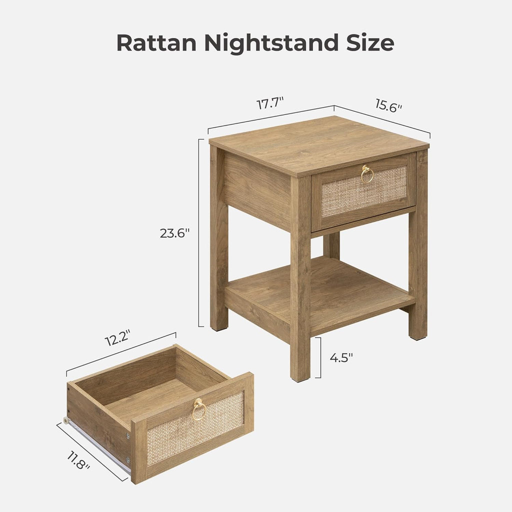 Rattan Nightstand Set of 2, Rattan Decor Drawer with Brass Knobs Night Stand Bedside Table Boho End Tables Side
