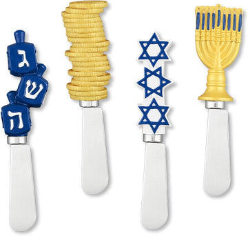 Hanukkah Themed Cheese Spreaders, Hand-Painted Resin Handles with Stainless Steel Blades for Spreading Cream Cheese - Set of 4
