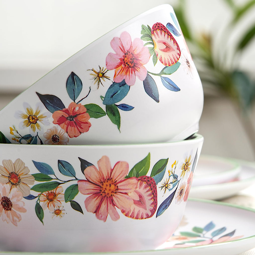 12-Piece Strawberry Melamine Dinnerware Set for 4, Floral Pattern