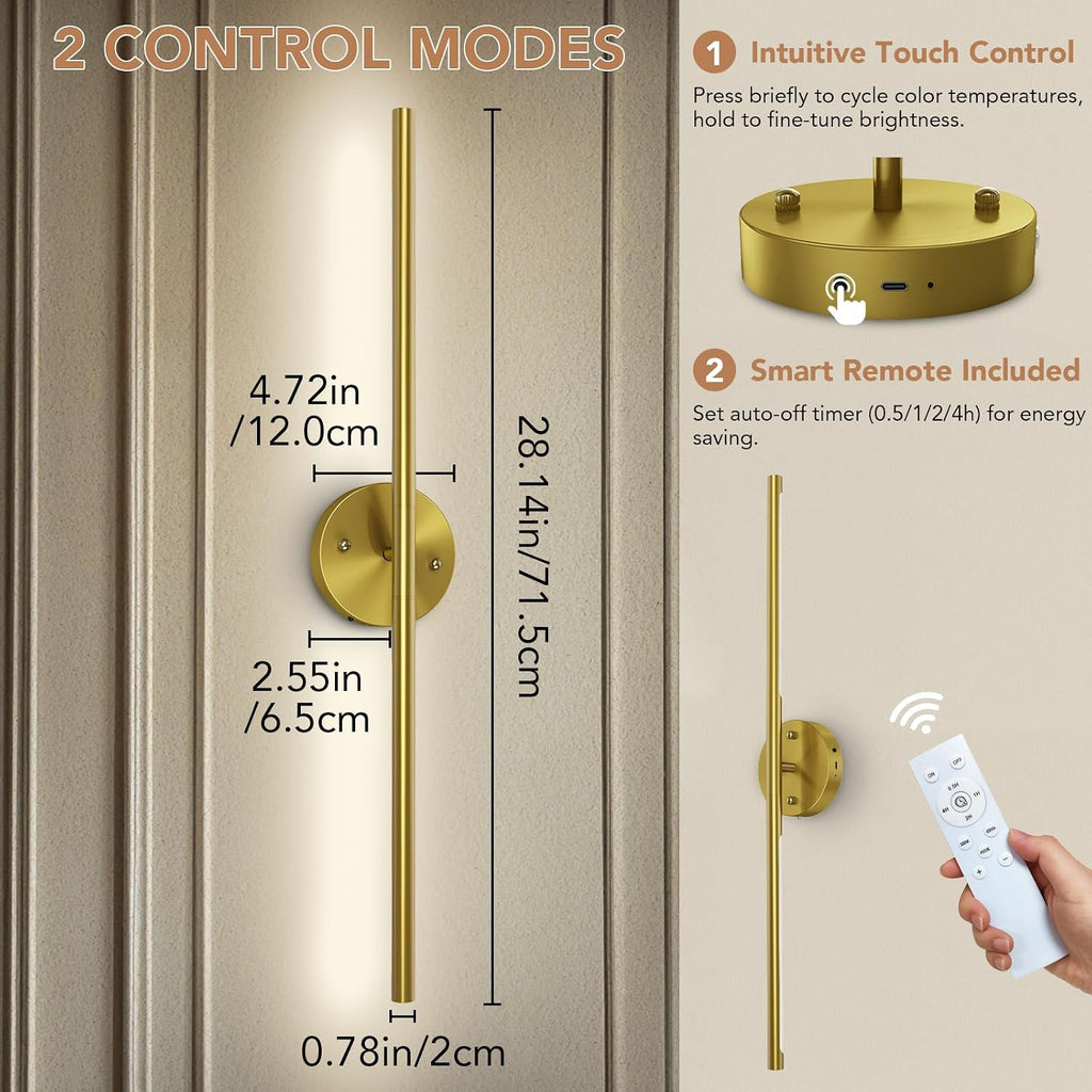 Battery Operated Wall Sconce Set of 2, Rechargeable Wall Lamp with 6000mAh Dimmable Bulbs and Remote, 3000K-6500K LED