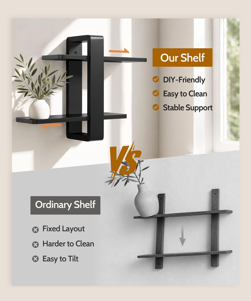 Black Floating Shelves for Wall, 2 Tier Adjustable Shelf Unit