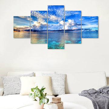 White Cloud Blue Sky Modern Seaside 5 Piece Giclee Seascape Canvas Prints Artwork on Canvas Landscape Wall Art Decor