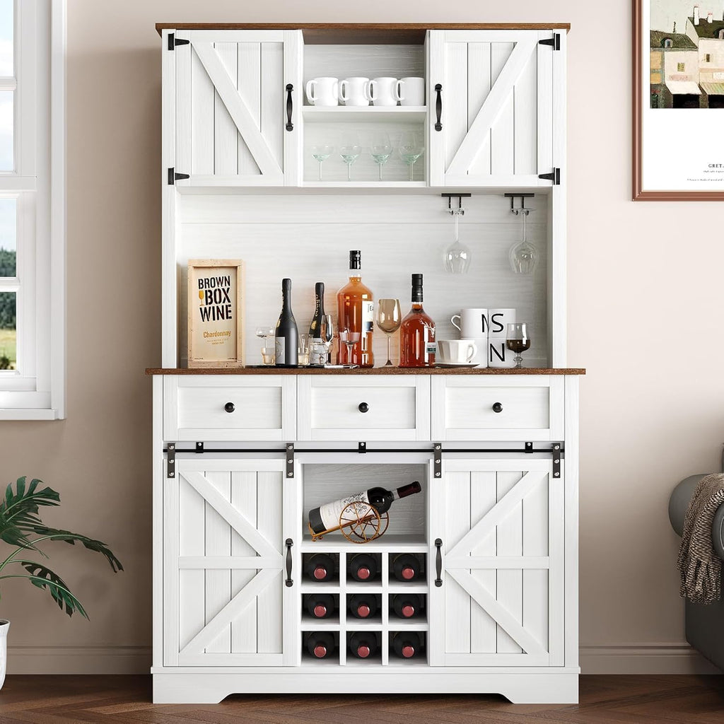 Farmhouse Coffee Bar Cabinet with Wine Rack, 72" Tall Kitchen Storage Cabinet with 3 Drawers, 9-Bottle Wine Holder, 6